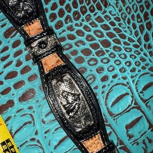 NEW Black and Tan Embossed Leather Belt